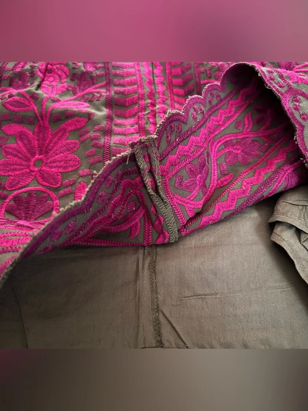 NWT J. MARIE Embroidered Floral Skirt Olive Green Fuchsia Boho Designer Cotton - Picture 12 of 16